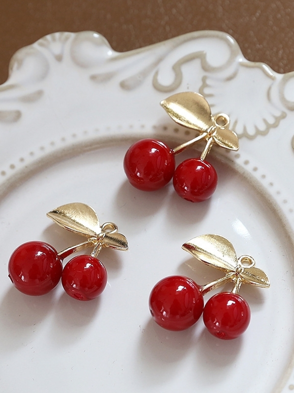 Gold Cherry Pendant Charm with Red Enamel Berries